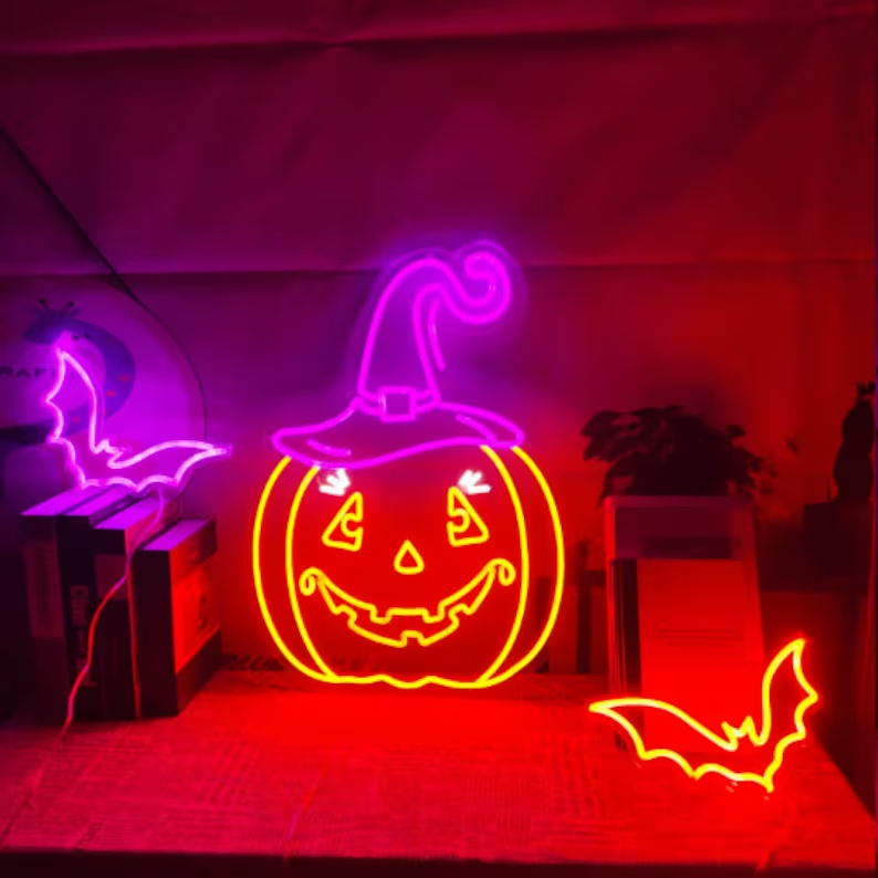 Pumpkin Witch Hat Halloween Neon Sign