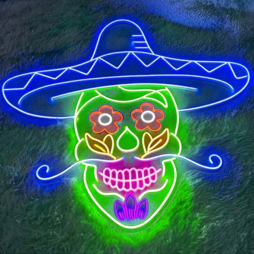 Mexican Skull In Sombrero Hat Neon Sign