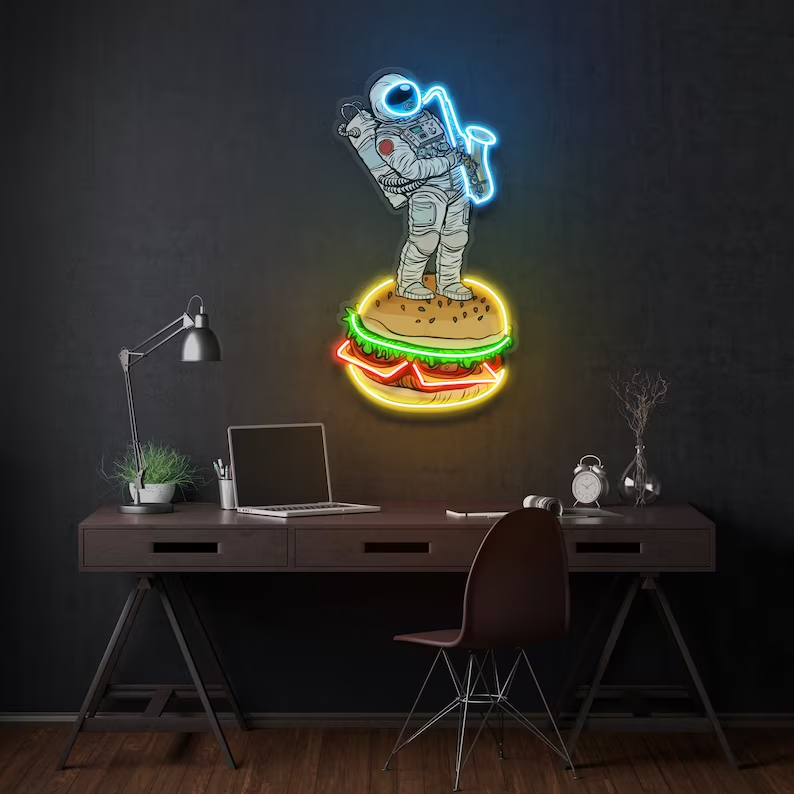 Astronaut Plays Saxophone On Burger Neon Sign