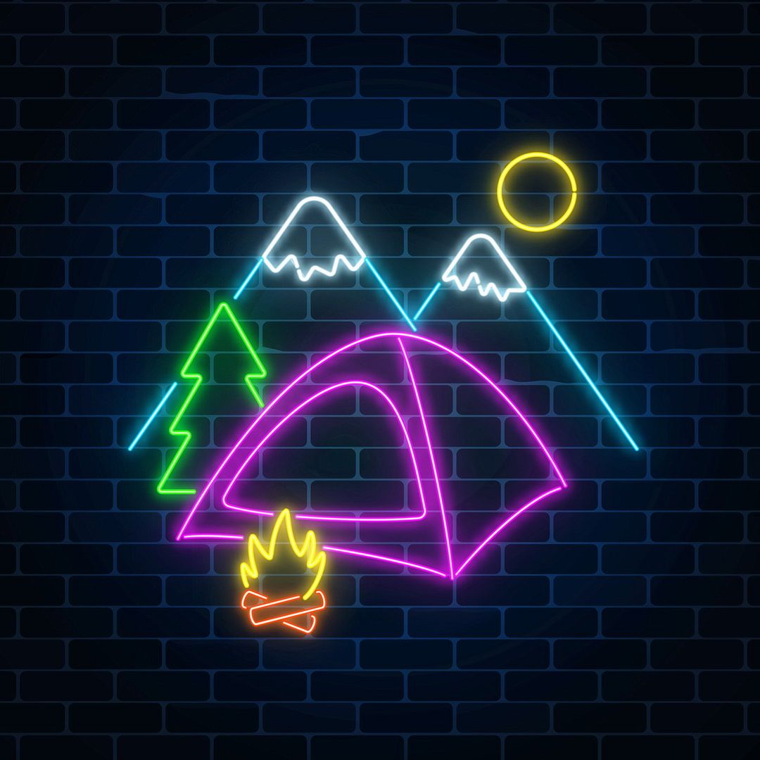 Camping Tent Bonfire Mountains Neon Sign