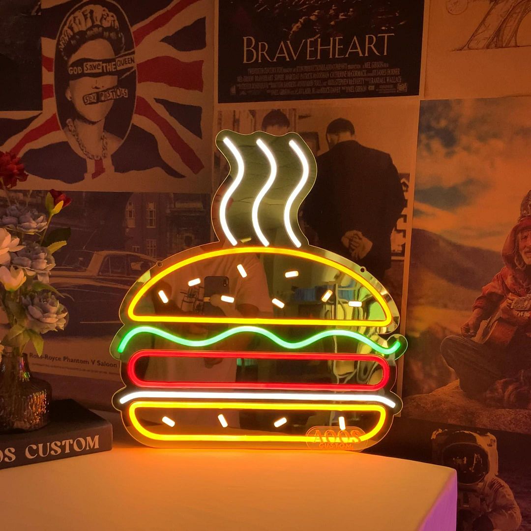 Burger Neon Sign Mounted on the Gold Mirror