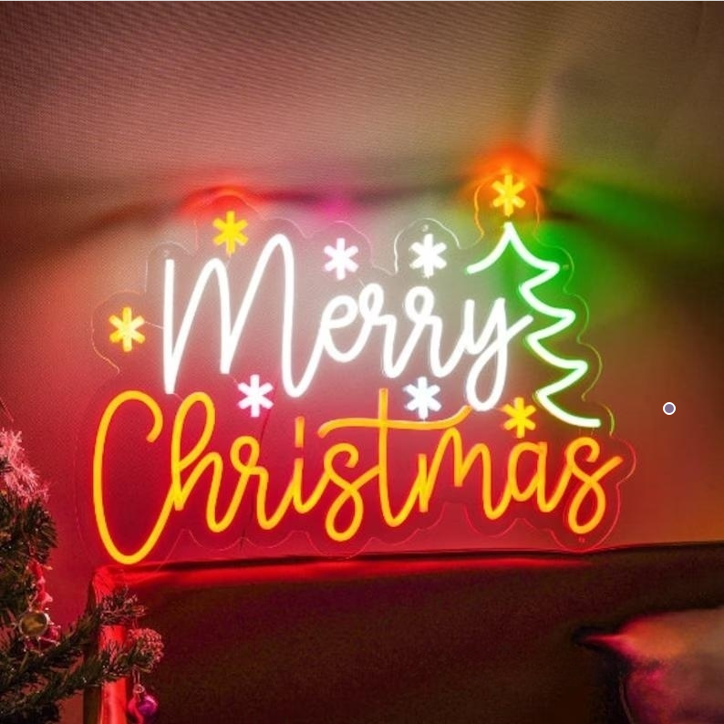 Merry Christmas with Stars and Tree Neon Sign