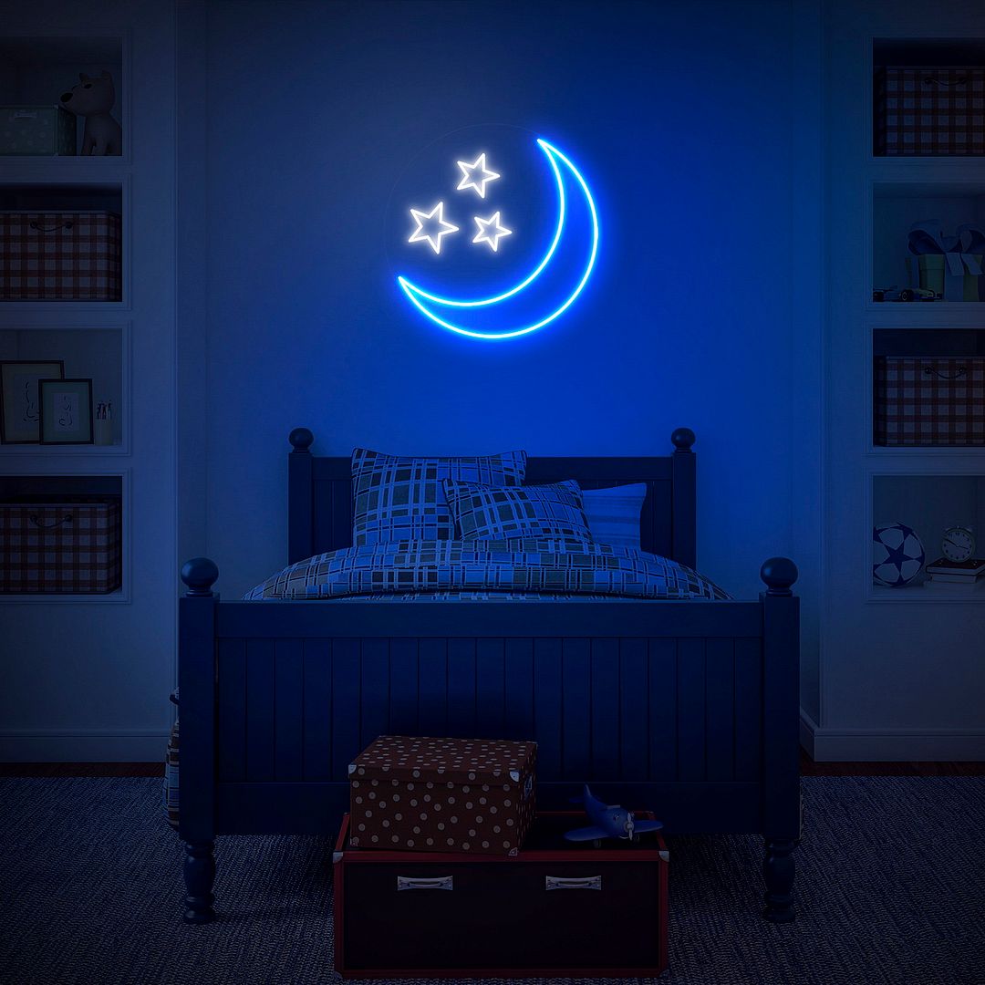 Blue Moon and Stars Neon Sign